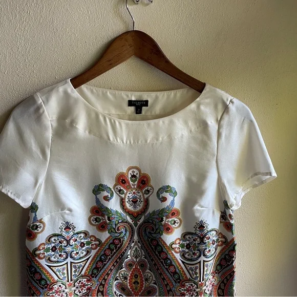 Talbot's Silk Paisley Patterned Blouse. Cap Sleeves, Side Zip. Cream, Green. 2P - Picture 6 of 11
